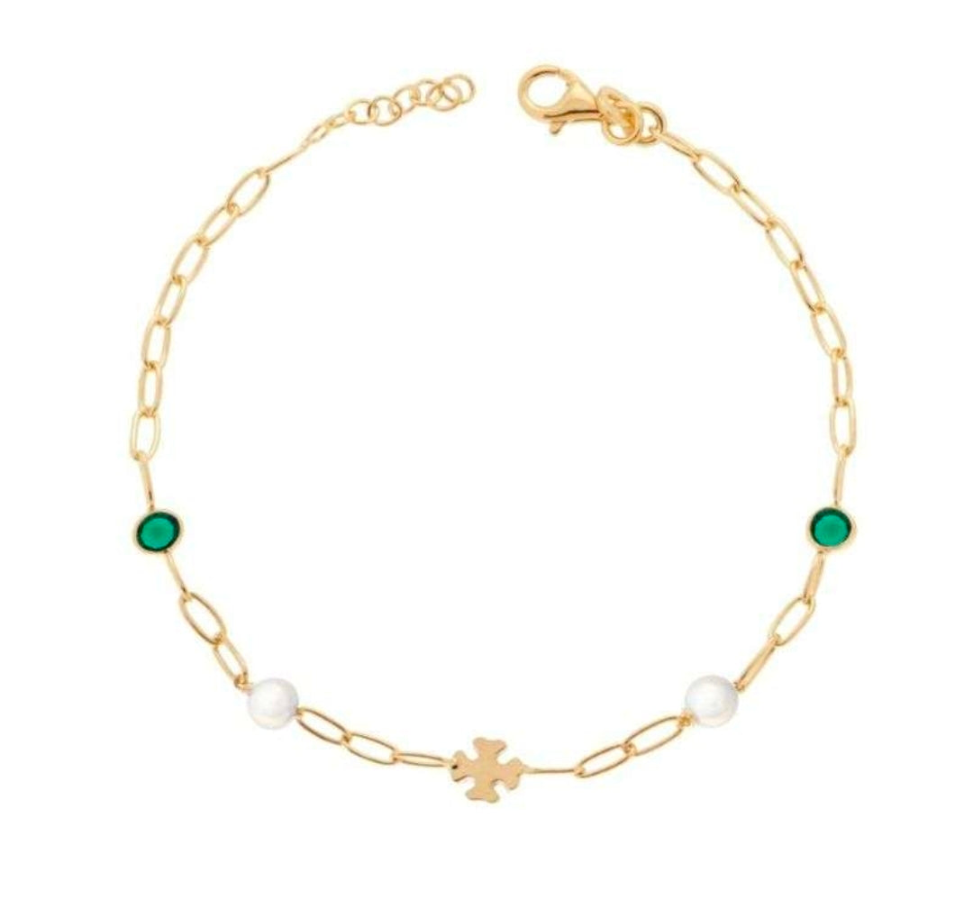 Bracciale con Quadrifoglio, Perle e Pietre Verdi