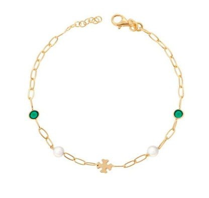 Bracciale con Quadrifoglio, Perle e Pietre Verdi