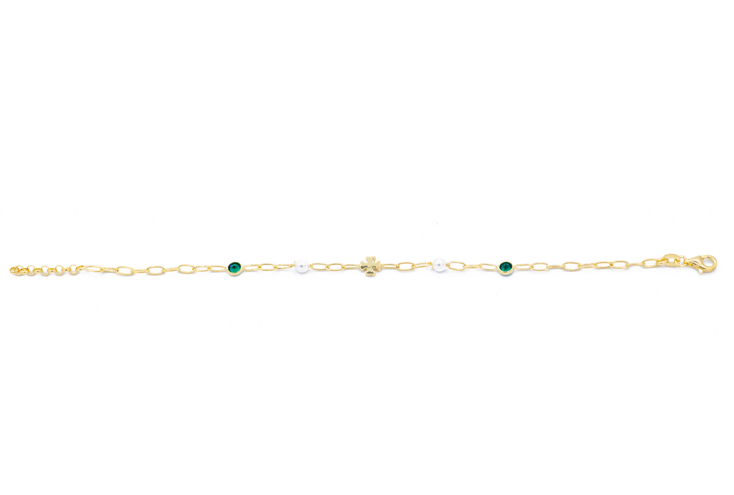 Bracciale con Quadrifoglio, Perle e Pietre Verdi