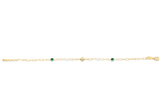 Bracciale con Quadrifoglio, Perle e Pietre Verdi